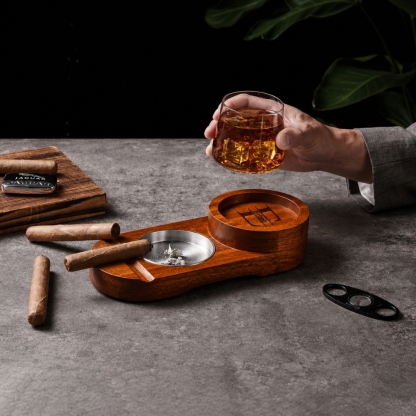 Personalised Cigar Ashtray Whiskey and Cigars Gift Engraved Wood Cigar Ashtray Fathers Day Gifts for Men