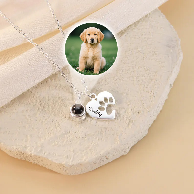 Paw Name Projection Necklace with Heart Projection Photo Necklace Customized Picture Inside Jewelry Pet Memorial Gift