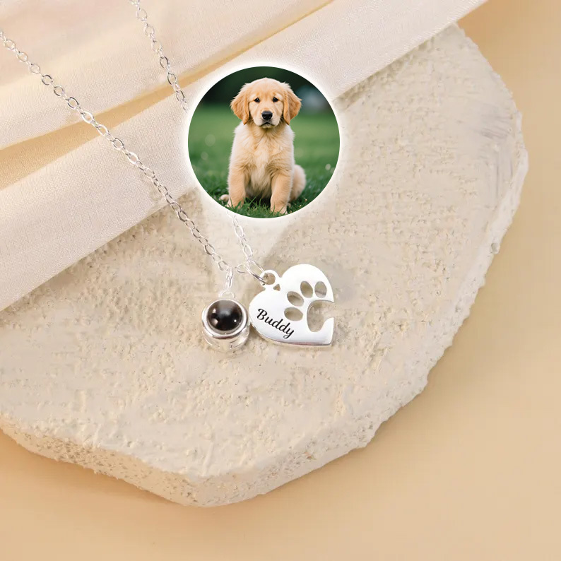 Paw Name Projection Necklace with Heart Projection Photo Necklace Customized Picture Inside Jewelry Pet Memorial Gift