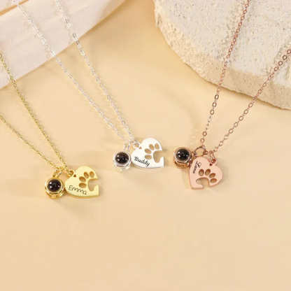 Paw Name Projection Necklace with Heart Projection Photo Necklace Customized Picture Inside Jewelry Pet Memorial Gift