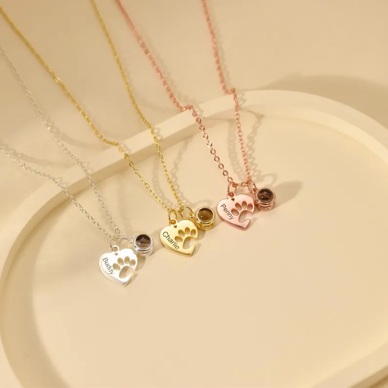 Paw Name Projection Necklace with Heart Projection Photo Necklace Customized Picture Inside Jewelry Pet Memorial Gift