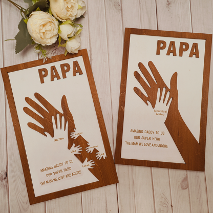 Custom Dad and Kids Palm Wooden Frame Personalised Name Sign Fathers Day Gift from Daughter Kids Son