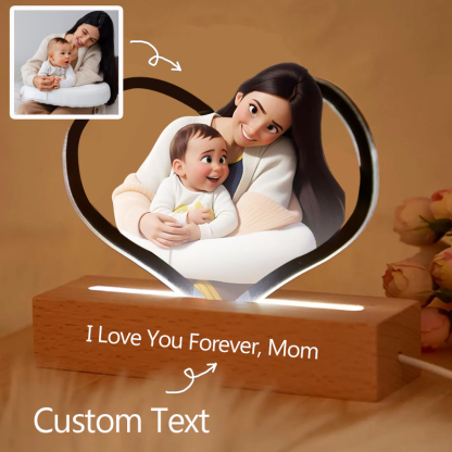 Personalised Heart Cartoon Portrait Style 3D Photo and Text Frame Night Light Mothers Day Gifts