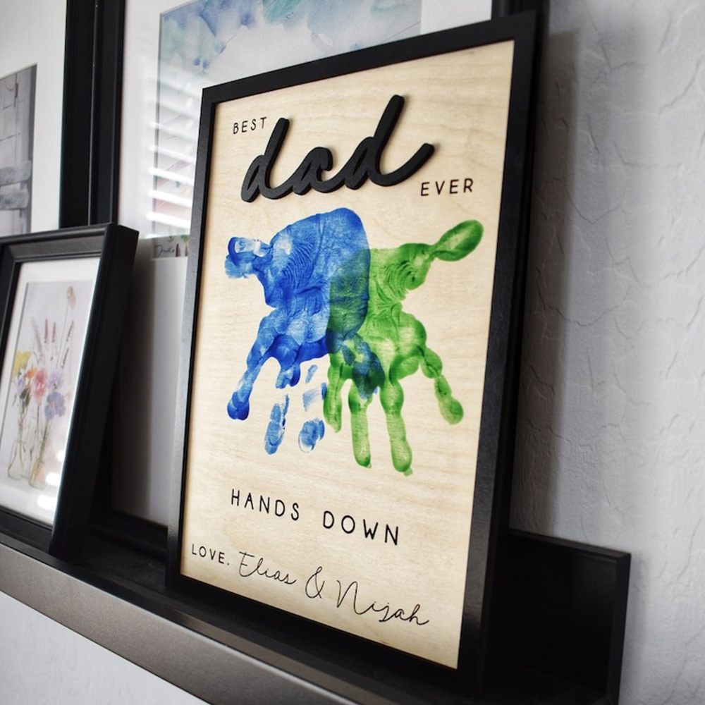 Hands Down Best Dad Ever Personalised Engraved Wooden Sign Plaque with Your Own Handprints and Custom Message Fathers Day Gift