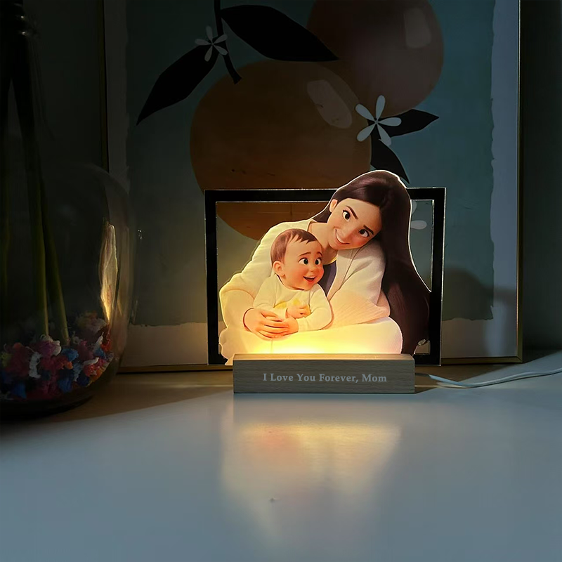 Personalised Heart Cartoon Portrait Style 3D Photo and Text Frame Night Light Mothers Day Gifts