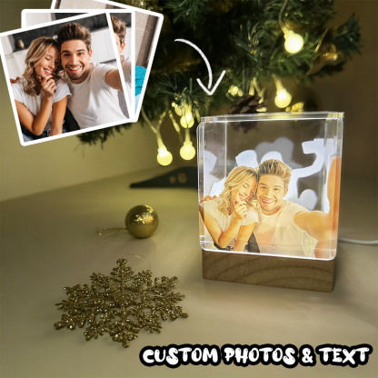 Custom Collage Photo Cube Night Light Box Lamp with Your Picture and Text Wooden Base Christmas Gifts