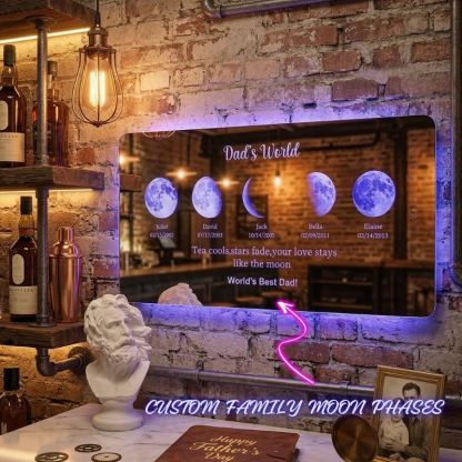 Custom LED Mirror Light Frame with Text and Date Personalised Moon Phase Mirror Lamp Dad's Universe Gift for Dad