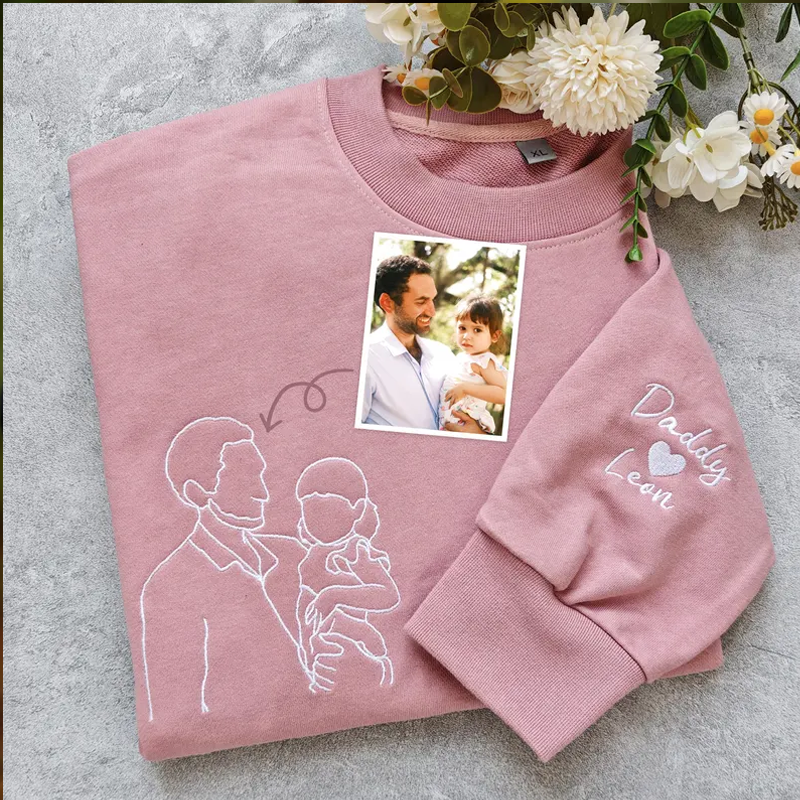 Fathers Day Custom Embroidered Photo Portrait Sweatshirt with Names on Sleeve Dad and Kid Outline Hoodie Gift for Dad