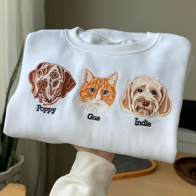 Custom Pet Portrait Sweatshirt with 1 to 3 Pets Photos and Names Embroidered Hoodie Gifts for Cat Lover & Dog Lovers