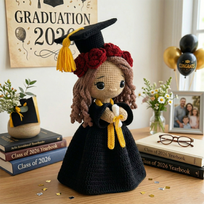 Handmade Finished Reversible Crochet Graduation Rose Bouquet with Embroidered Name Custom Crochet Doll Graduation Gifts