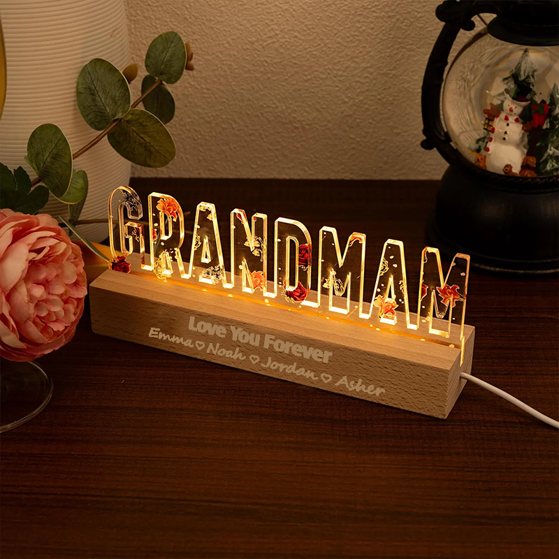 Personalised Name Night Light for Grandma Custom Text Acrylic Light Nana Flower 3D LED Floral Light Mothers Day Gifts