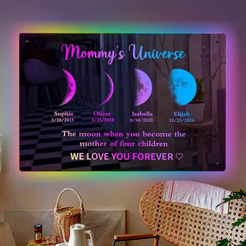 Custom Mum & Kids Galaxy Moon Phase Mirror Lamp Personalised Neon Light for Bedroom Mother's Gift for Mum
