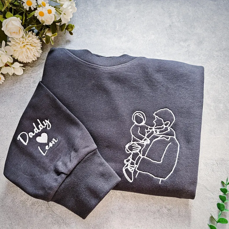Fathers Day Custom Embroidered Photo Portrait Sweatshirt with Names on Sleeve Dad and Kid Outline Hoodie Gift for Dad