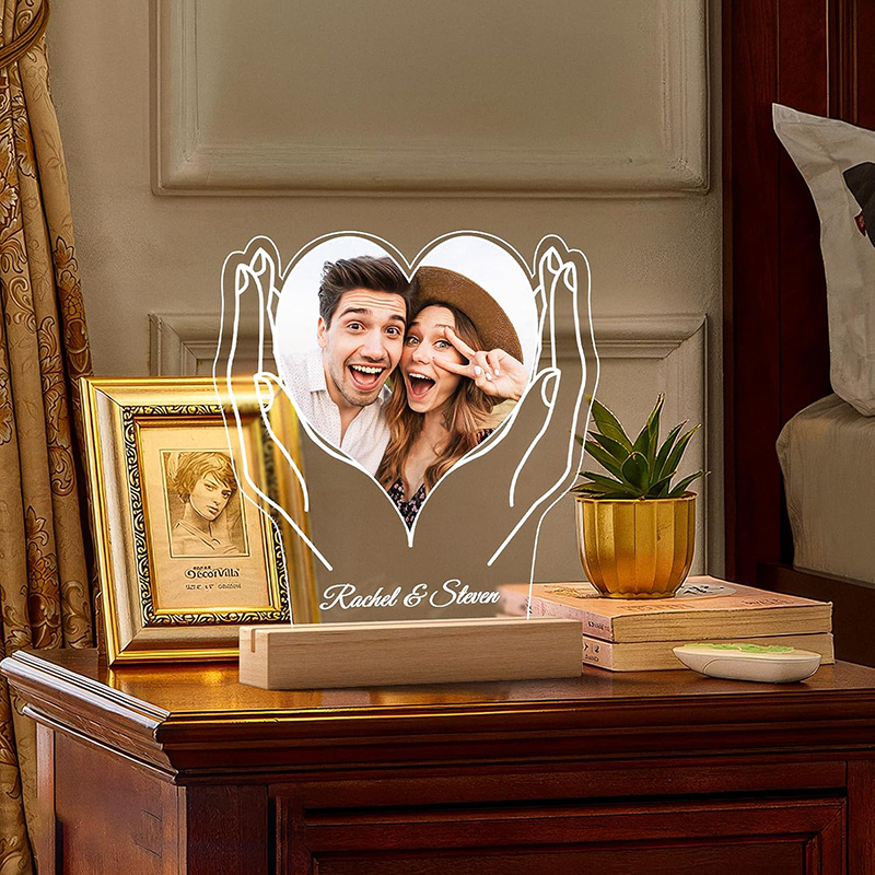 Personalised Photo and Text Heart on Hands Night Light Anniversary Gift For Him