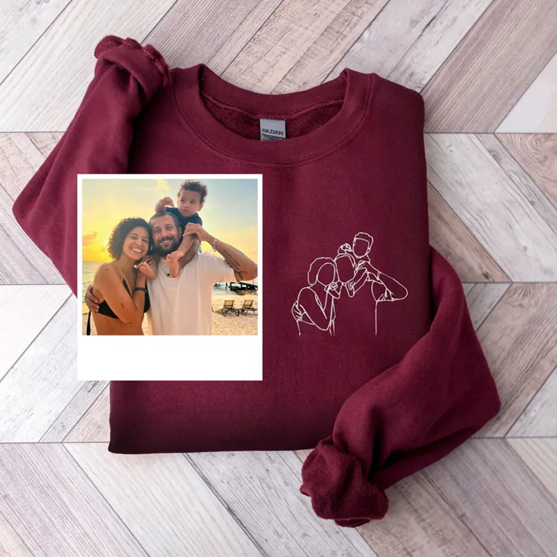 Fathers Day Custom Embroidered Photo Portrait Sweatshirt with Names on Sleeve Dad and Kid Outline Hoodie Gift for Dad