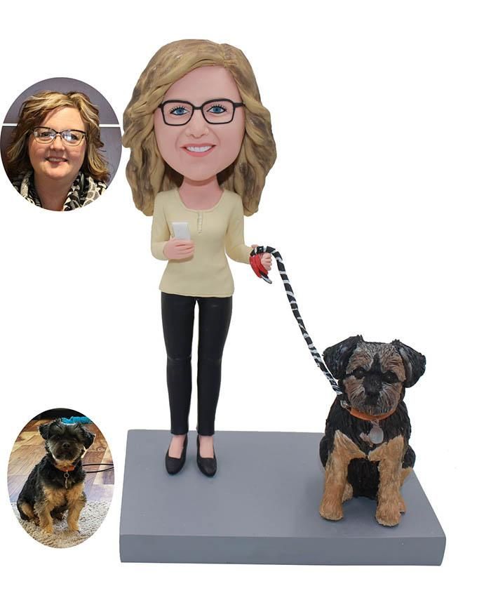 Fully Customizable Woman And Pet Custom Bobblehead with Engraved Text