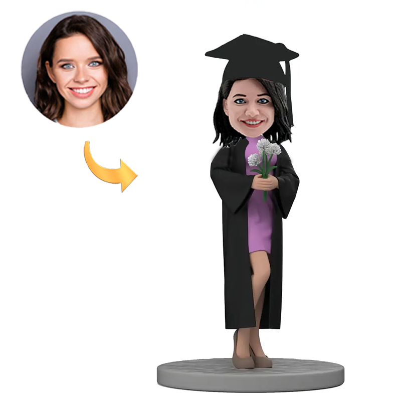 Handmade Custom Female Graduate Holding Flower Bobblehead