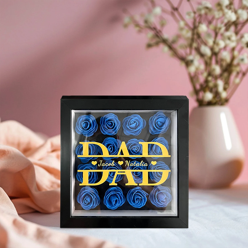 Personalised Flower Shadow Box Custom 1-5 Names Rose Frame Fathers Day Gift for Dad