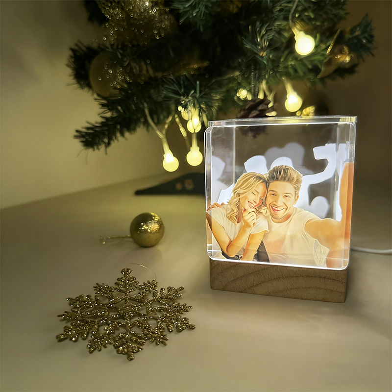 Custom Collage Photo Cube Night Light Box Lamp with Your Picture and Text Wooden Base Christmas Gifts