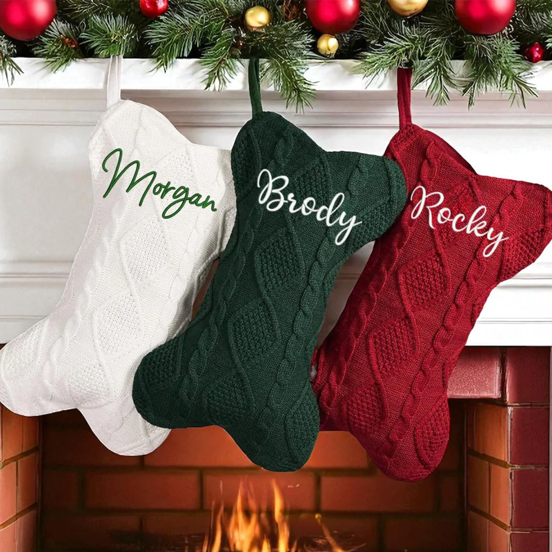 Personalised Embroidered Name Knit Christmas Stockings Knitted Bone Ornament Christmas Holiday Gifts