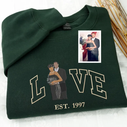 Custom Couple Embroidered Sweatshirt from Photo Personalised Picture Portrait Hoodie with Love and Est Year Couple Valentine Gifts