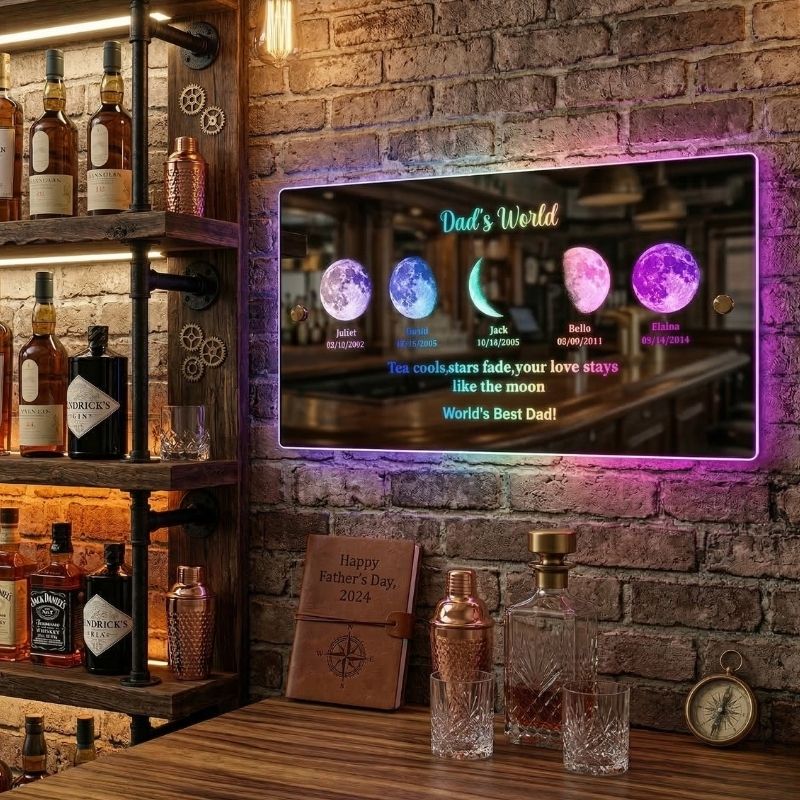 Custom LED Mirror Light Frame with Text and Date Personalised Moon Phase Mirror Lamp Dad's Universe Gift for Dad