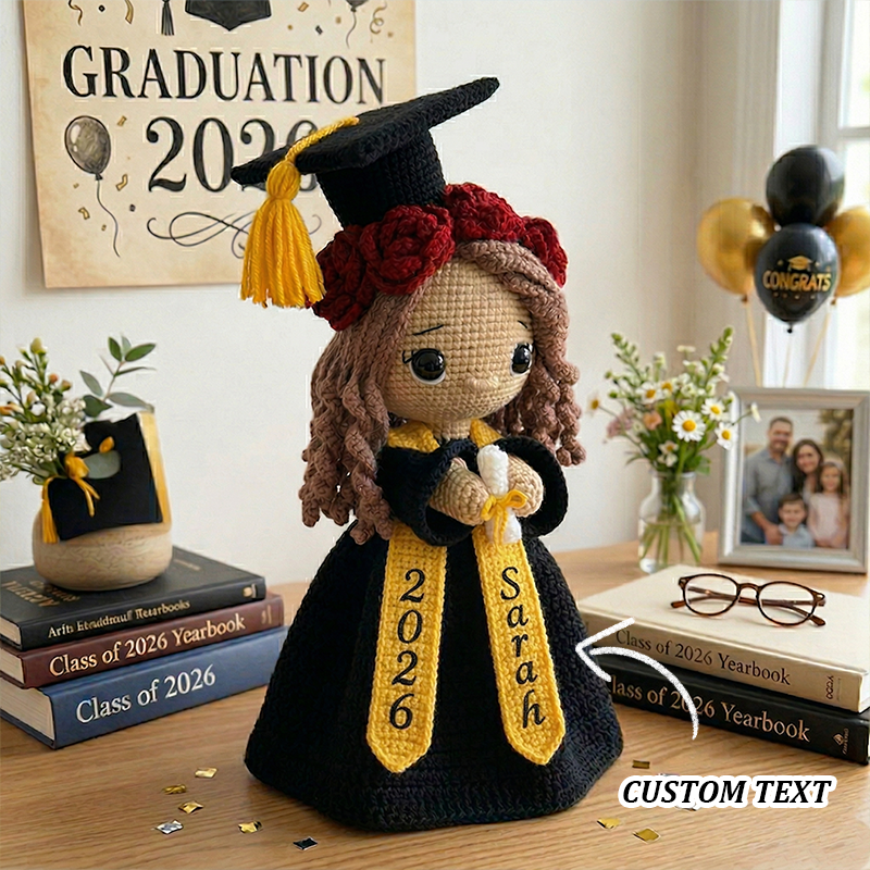 Handmade Crochet Graduation Bouquet Doll | Reversible Bouquet, Embroidered Name & Year
