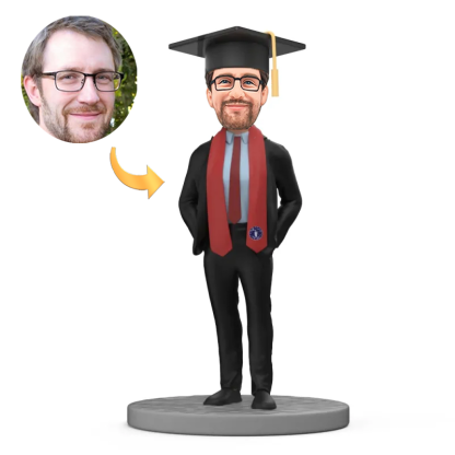 Handcraft Custom Graduation Bobbleheads Handsome Male Graduate in a Suit with Red (color can be changed) Graduation Stole