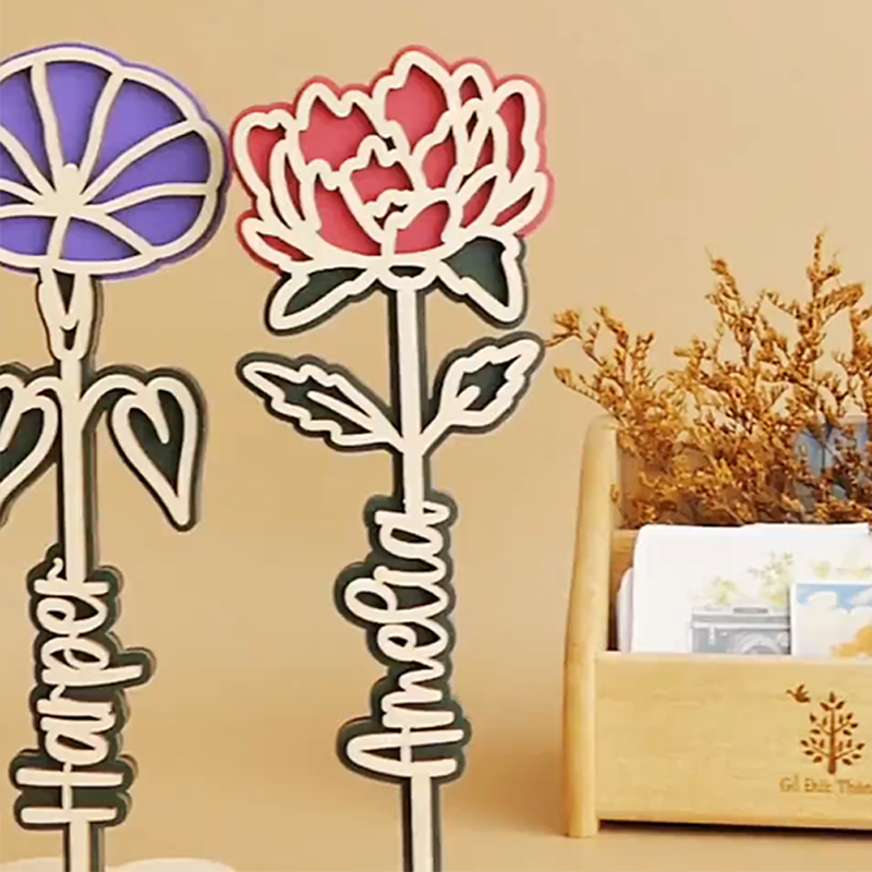 Personalised Wooden Rose Flower Name Stand Laser Cut Plywood Names & Birth Month Flowers Gifts for Mom