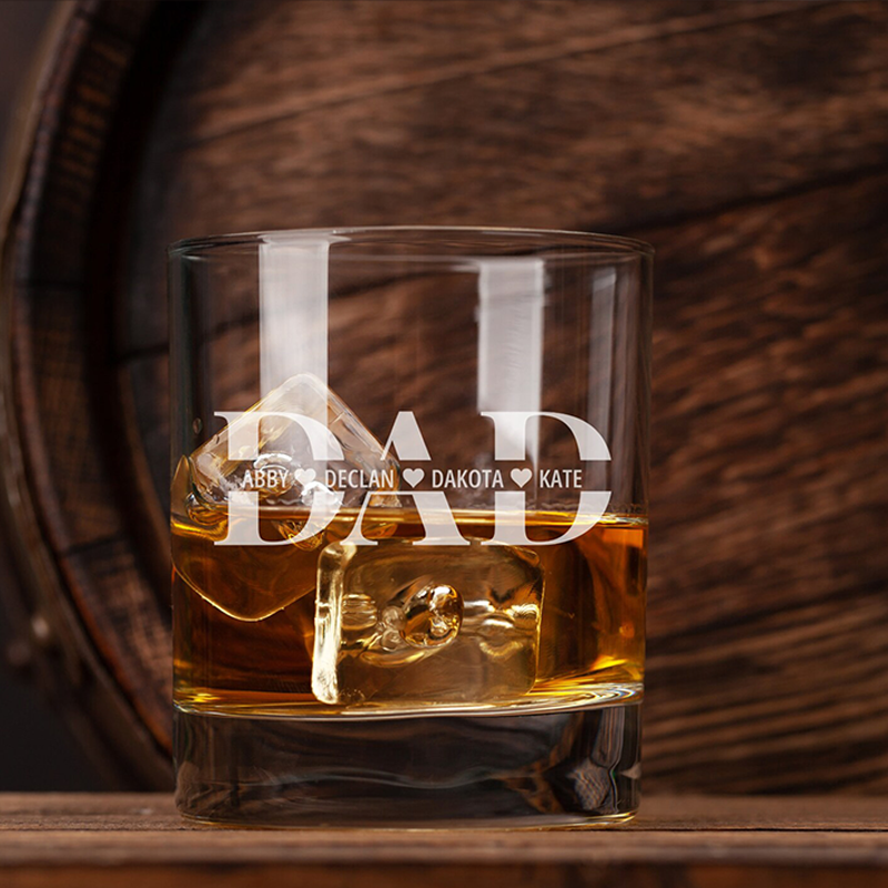 Custom Dad Whiskey Glass with Kid Names Fathers Day Gifts Personalised Engraved Glass Gifts for Grandpa