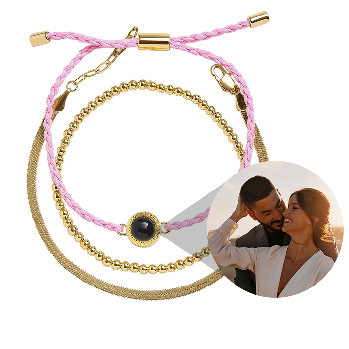 Customized Photo Projection Bracelet Multi-layer Stacking Beaded Braided Bracelet Commemorative Gift for Couples