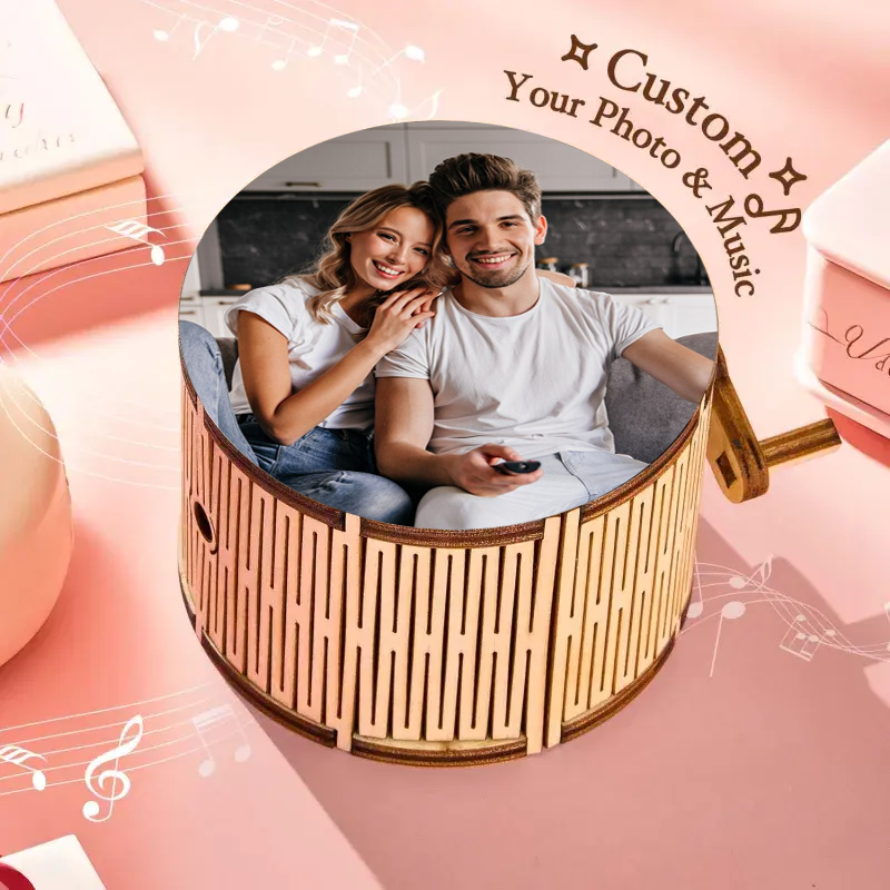 Custom Photo and Song Music Box Can Play Whole Song Cylindrical Hand Crank Music Box