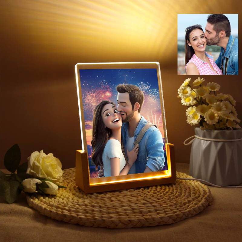 Personalised Photo and Text Cartoon Style Photo Frame Night Light Pixar Inspired Portraits Christmas Gifts