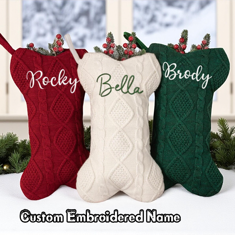 Personalised Embroidered Name Knit Christmas Stockings Knitted Bone Ornament Christmas Holiday Gifts