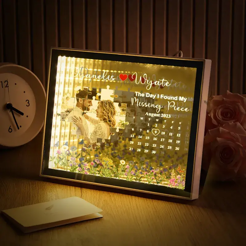 Custom LED Photo and Calendar Wedding Frame Mirror Light Personalised The Day I Found My Missing Piece Lamp Anniversary Gift for Couples
