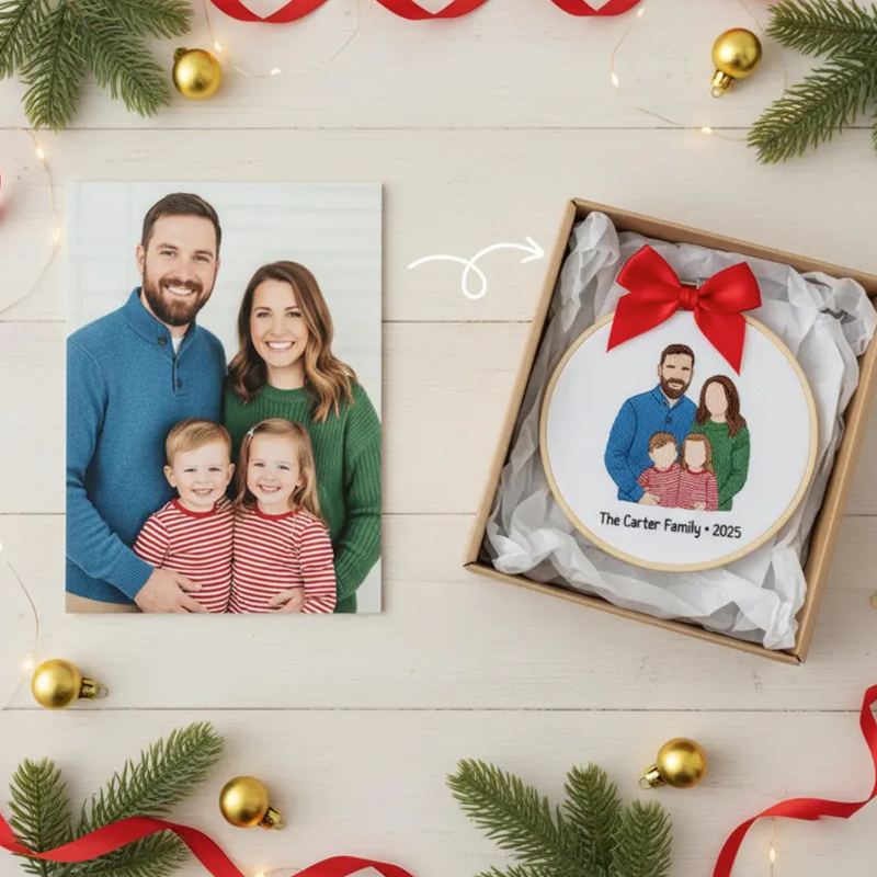 Custom Family Photo 3d Embroidered Ornament Personalised Portrait Hoop Hand Embroidered Christmas Keepsake Gift
