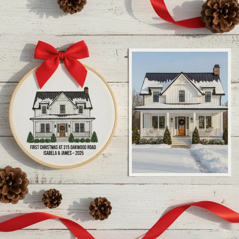 Custom House Embroidered Ornament First Christmas at New Home Gift Personalised Home Portrait and Address Embroidery Hoop Wedding or Housewarming Gift