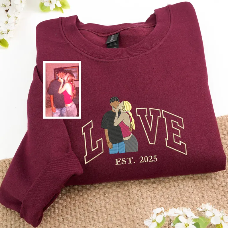 Custom Couple Embroidered Sweatshirt from Photo Personalised Picture Portrait Hoodie with Love and Est Year Couple Valentine Gifts