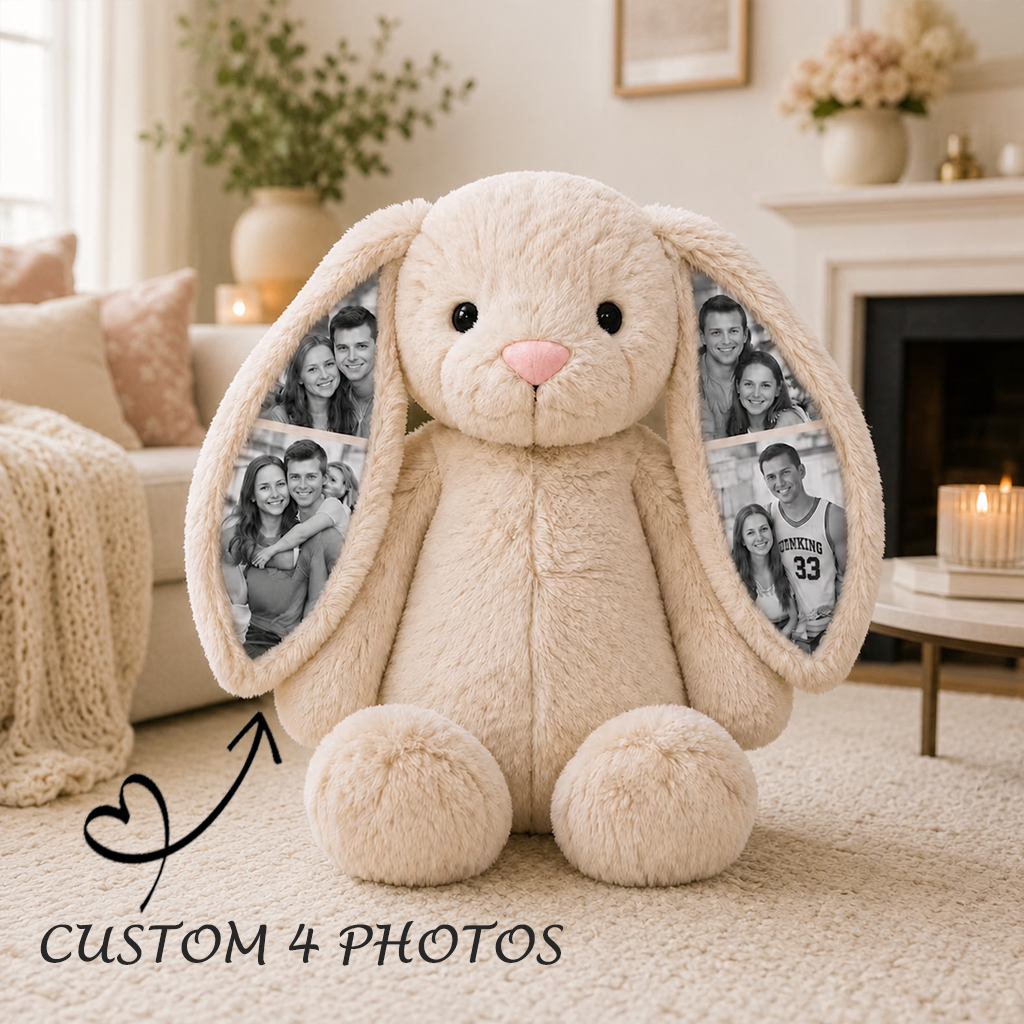 Custom Photo Bunny Plush with Hidden Ear Pictures and Love Heart Photo Collage Personalised Bunny for Couples Anniversary