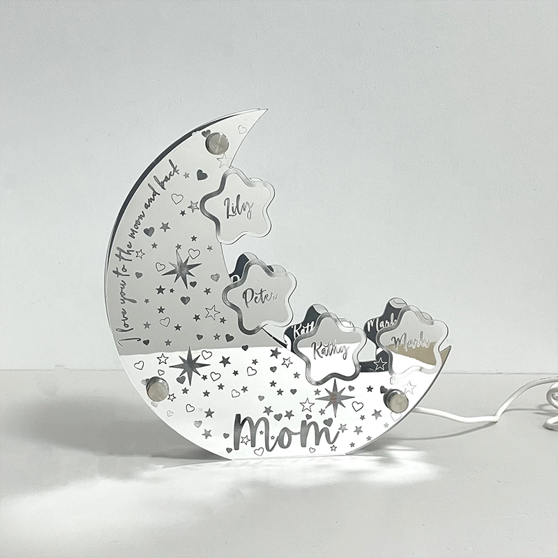 Personalised Acrylic Moon Sign Lamp for Mom Custom Moon Mirror Light Stars with Family Names Mother's Day Gift