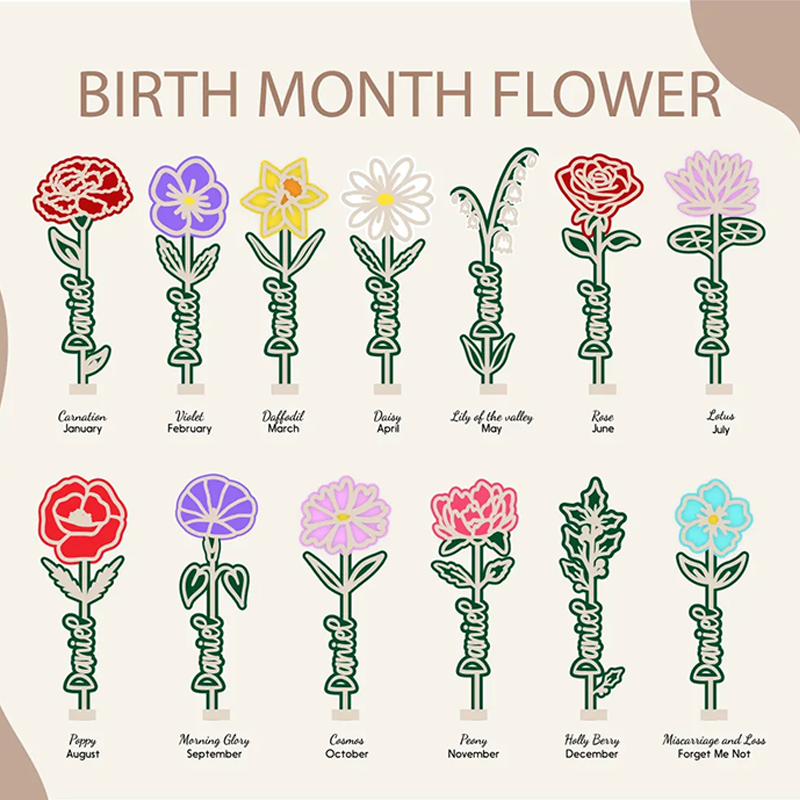 Personalised Wooden Rose Flower Name Stand Laser Cut Plywood Names & Birth Month Flowers Gifts for Mom