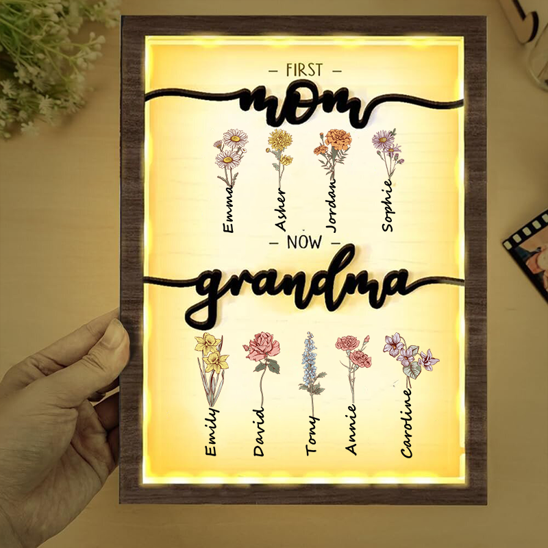 Grandma Garden Wooden Sign Night Light Personalised Name Birth Month Flower Frame Gift For Mom and Grandma