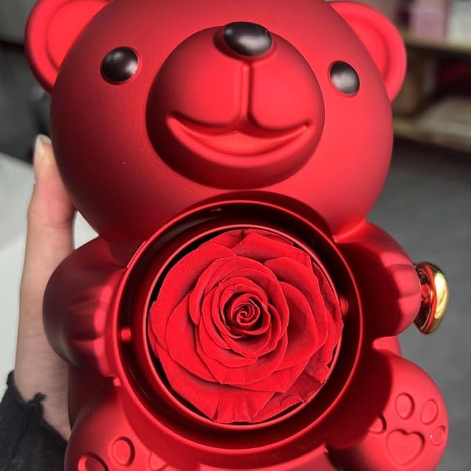 Preserved Eternal Rose Bear Giftbox with Sterling Silver Four Leaf Clover Heart Necklace Valentine's Day Jewelry Set