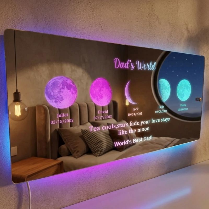 Custom LED Mirror Light Frame with Text and Date Personalised Moon Phase Mirror Lamp Dad's Universe Gift for Dad