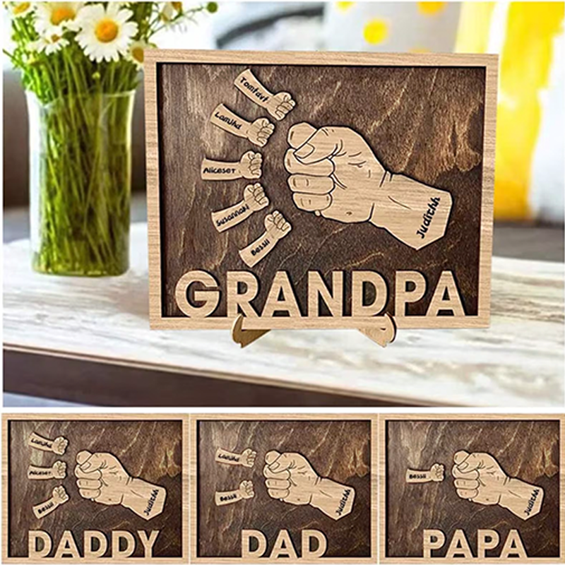 Custom Fist Bump Sign Dad and Kids Wooden Frame Personalised Name Fists Handprint Sign Family Gift Idea for Dad