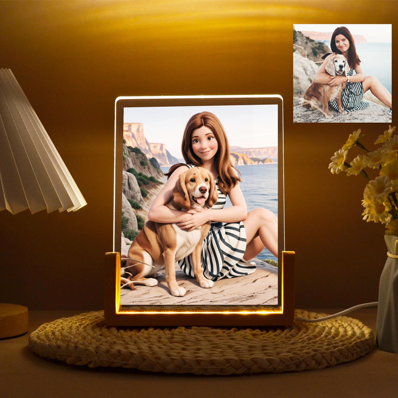 Personalised Photo and Text Cartoon Style Photo Frame Night Light Pixar Inspired Portraits Christmas Gifts