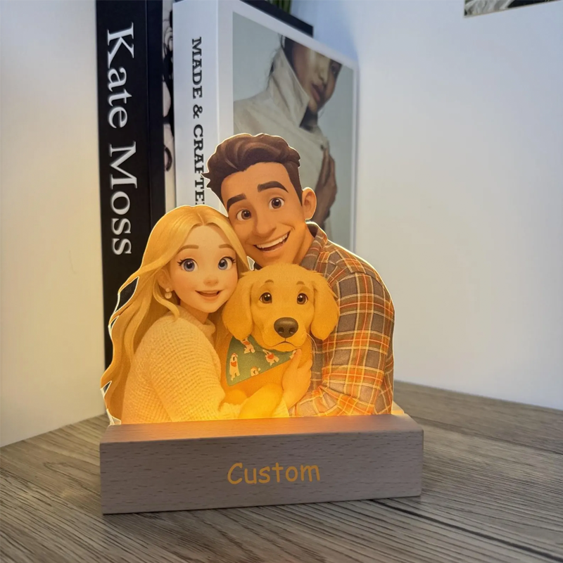 Personalised Pixar Inspired Cartoon Photo Portrait Photo Frame LED Night Lights with Base Engraved Couple Gifts