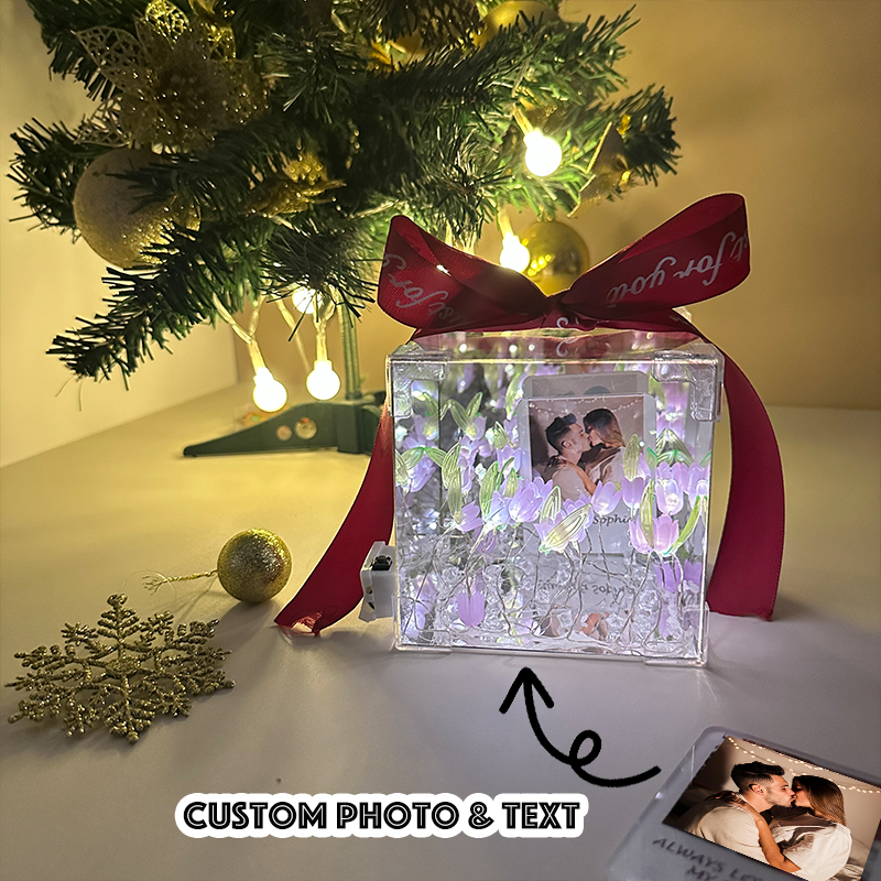 Custom Photo Tulip Flower Mirror LED Night Light Cube Light Box with Your Picture and Text