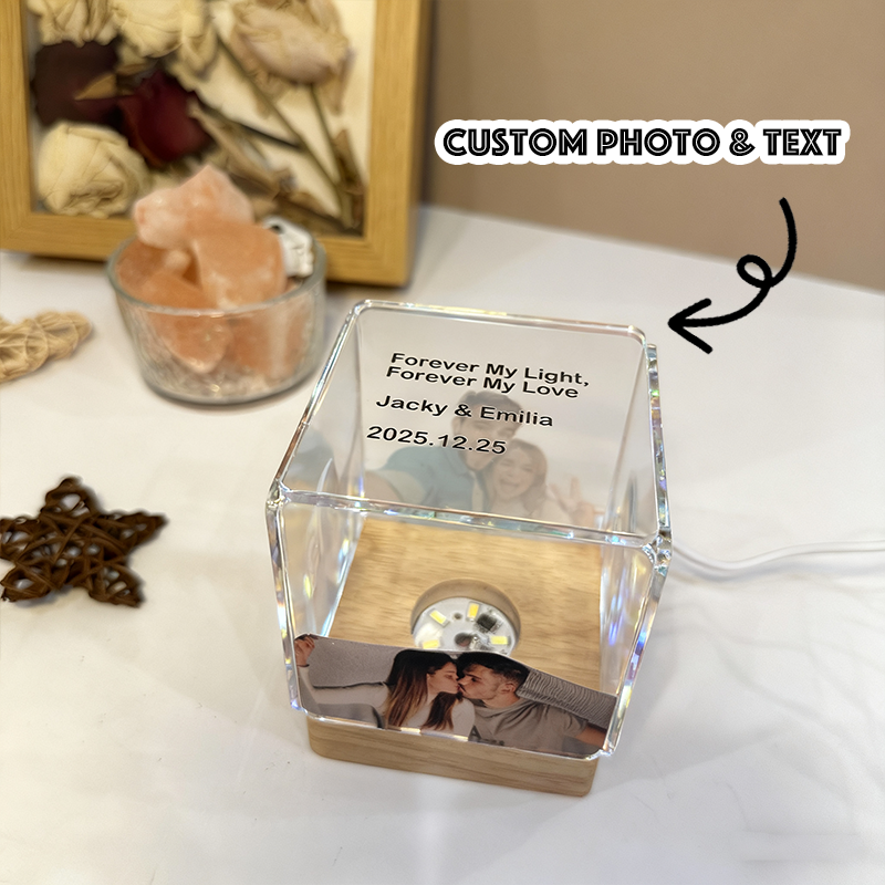 Custom Collage Photo Cube Night Light Box Lamp with Your Picture and Text Wooden Base Christmas Gifts