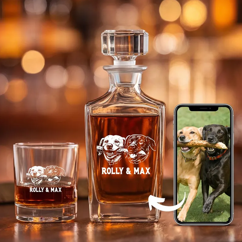 Custom Photo Etched Whiskey Decanter Set Personalised Laser Engraved Bourbon Bottle & Glasses Anniversary Gift for Him